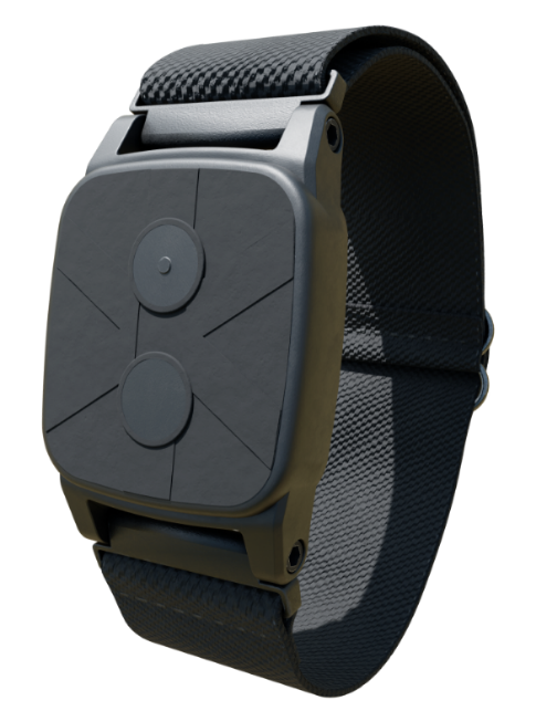xBand, a black rectangular device with a black wristband. On the top of the device, where the buttons are, there are two raised circles, on one button there is also a raised point in the middle of the circle.