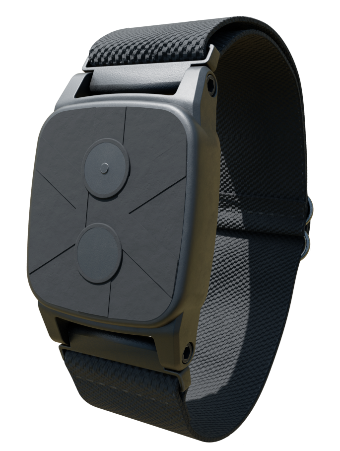 xBand, en svart rektangulär enhet med ett svart armband. På toppen av enheten, där knapparna sitter, finns det två upphöjda cirklar, på den ena knappen finns också en liten upphöjd punkt i mitten av cirkeln.