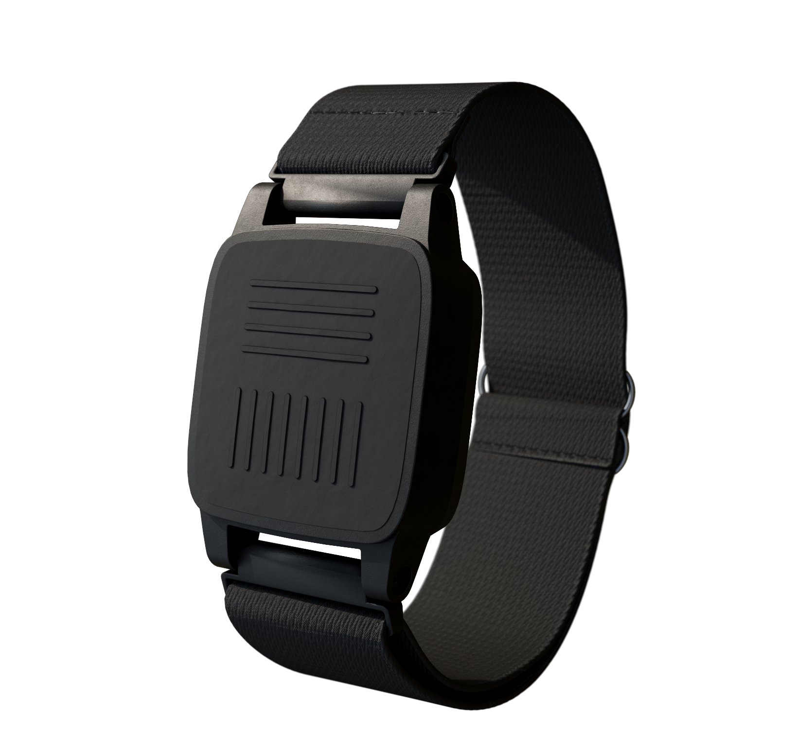 xBand, a black rectangular device with a black wristband. On the top of the device, where the buttons are, there are raised ridges, on one button they are parallel to the wristband and on the other perpendicular to the wristband.